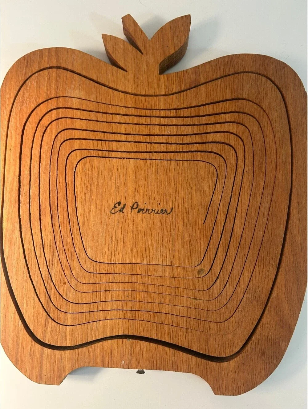 Vintage Collapsible Wood Apple Basket Folding Fruit Bowl Signed Ed Perrier
